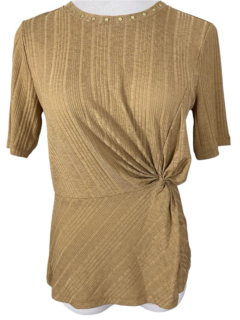 MICHAEL Michael Kors Womens Top Size M Dark Camel Ribbed Twist Front Studded